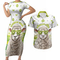 New Zealand Funny Woolly Kiwi Sheep Couples Matching Short Sleeve Bodycon Dress and Hawaiian Shirt