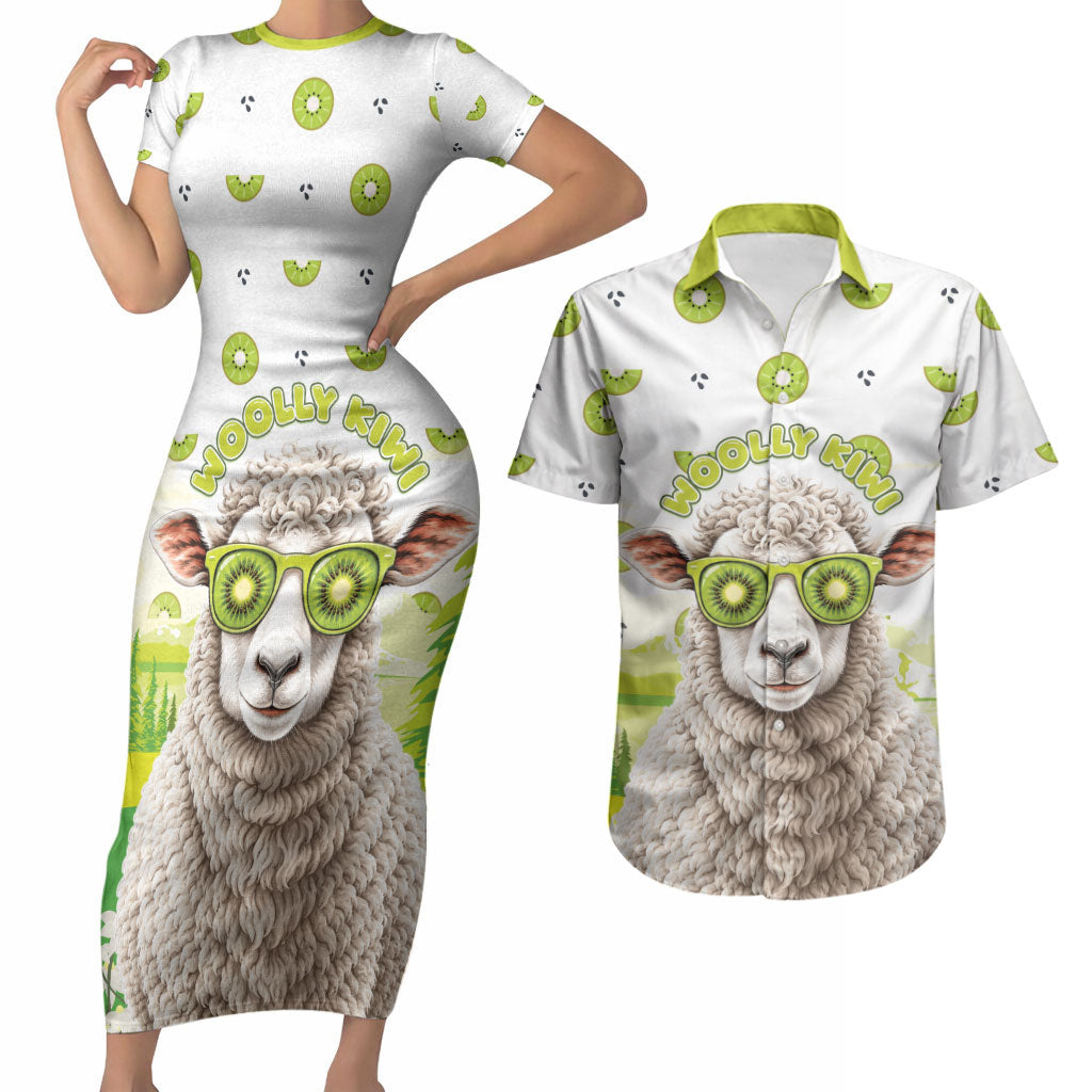 New Zealand Funny Woolly Kiwi Sheep Couples Matching Short Sleeve Bodycon Dress and Hawaiian Shirt