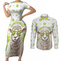 New Zealand Funny Woolly Kiwi Sheep Couples Matching Short Sleeve Bodycon Dress and Long Sleeve Button Shirt
