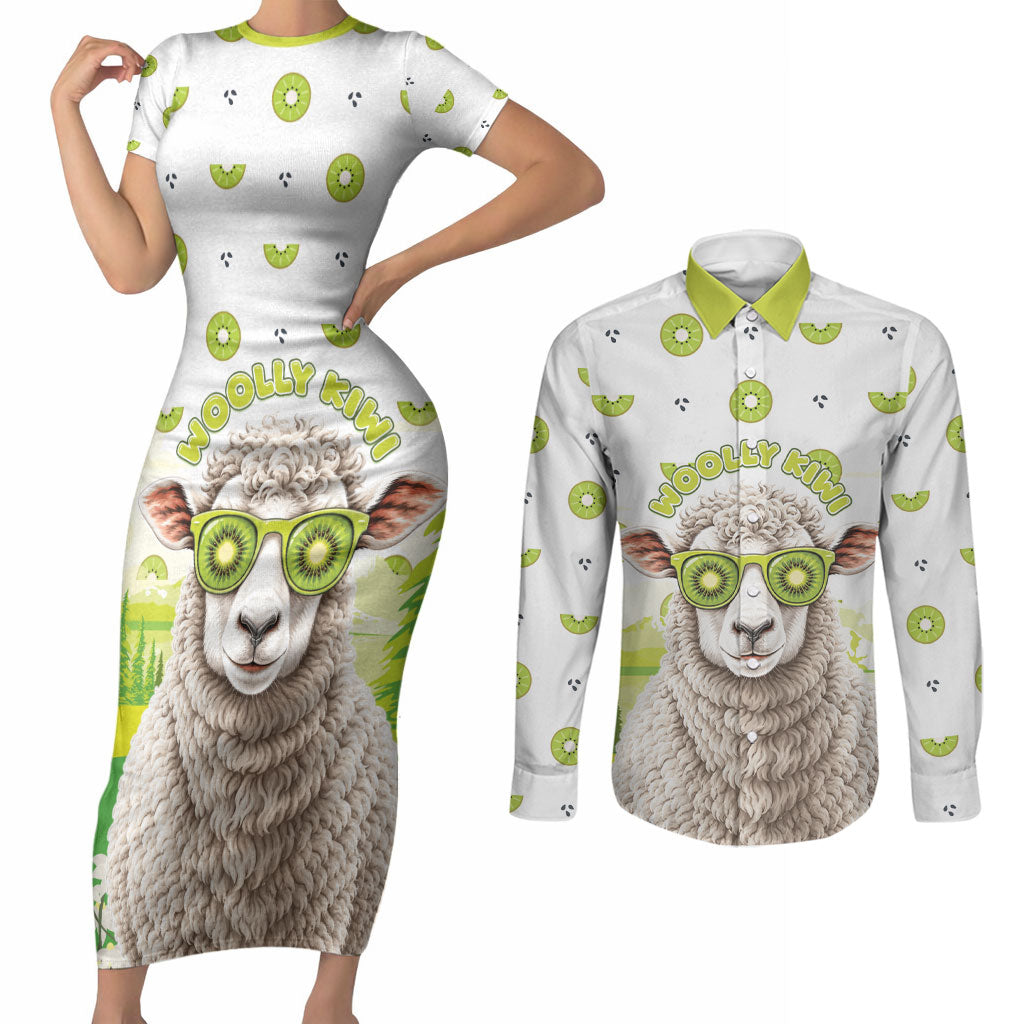 New Zealand Funny Woolly Kiwi Sheep Couples Matching Short Sleeve Bodycon Dress and Long Sleeve Button Shirt