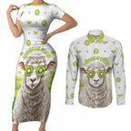 New Zealand Funny Woolly Kiwi Sheep Couples Matching Short Sleeve Bodycon Dress and Long Sleeve Button Shirt