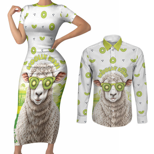 New Zealand Funny Woolly Kiwi Sheep Couples Matching Short Sleeve Bodycon Dress and Long Sleeve Button Shirt
