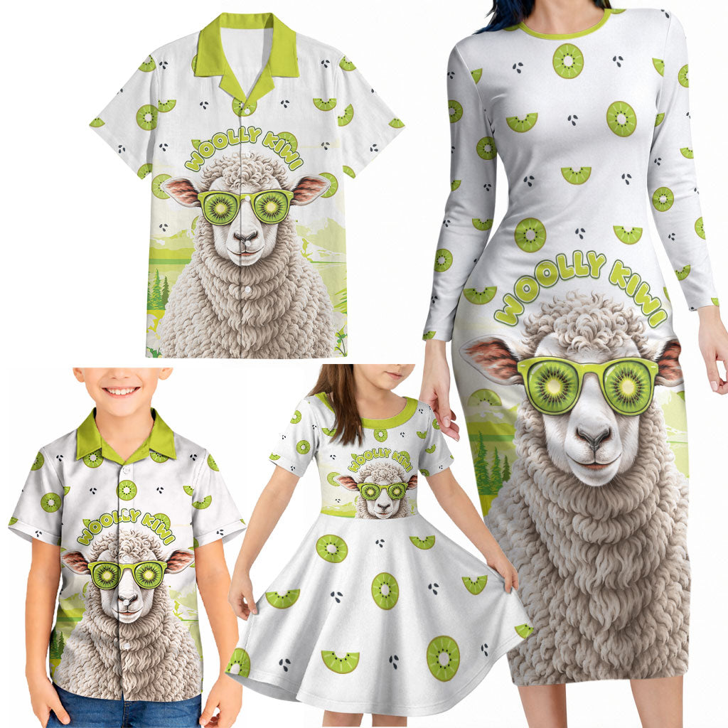 New Zealand Funny Woolly Kiwi Sheep Family Matching Long Sleeve Bodycon Dress and Hawaiian Shirt
