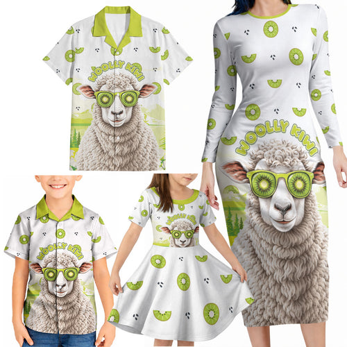 New Zealand Funny Woolly Kiwi Sheep Family Matching Long Sleeve Bodycon Dress and Hawaiian Shirt