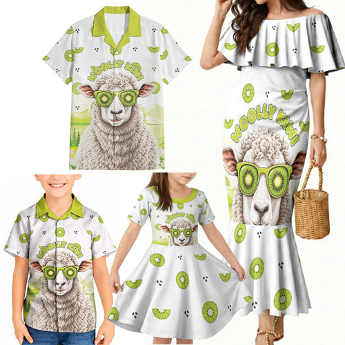 New Zealand Funny Woolly Kiwi Sheep Family Matching Mermaid Dress and Hawaiian Shirt