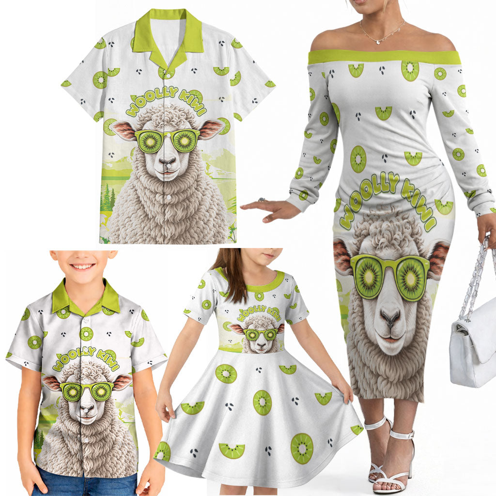 New Zealand Funny Woolly Kiwi Sheep Family Matching Off The Shoulder Long Sleeve Dress and Hawaiian Shirt