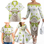 New Zealand Funny Woolly Kiwi Sheep Family Matching Off The Shoulder Long Sleeve Dress and Hawaiian Shirt