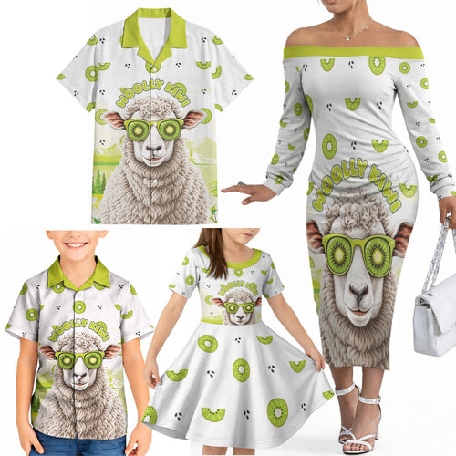 New Zealand Funny Woolly Kiwi Sheep Family Matching Off The Shoulder Long Sleeve Dress and Hawaiian Shirt
