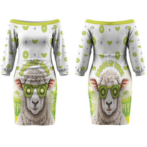 New Zealand Funny Woolly Kiwi Sheep Family Matching Off The Shoulder Long Sleeve Dress and Hawaiian Shirt