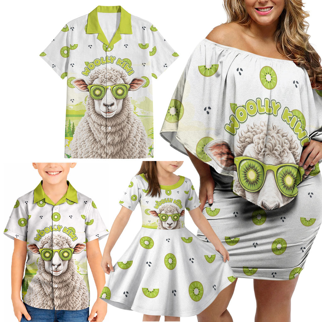 New Zealand Funny Woolly Kiwi Sheep Family Matching Off Shoulder Short Dress and Hawaiian Shirt