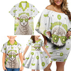 New Zealand Funny Woolly Kiwi Sheep Family Matching Off Shoulder Short Dress and Hawaiian Shirt