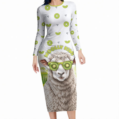 New Zealand Funny Woolly Kiwi Sheep Long Sleeve Bodycon Dress
