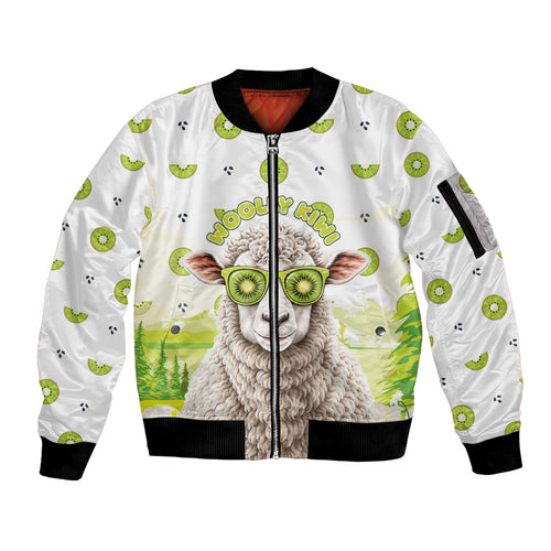 New Zealand Funny Woolly Kiwi Sheep Sleeve Zip Bomber Jacket