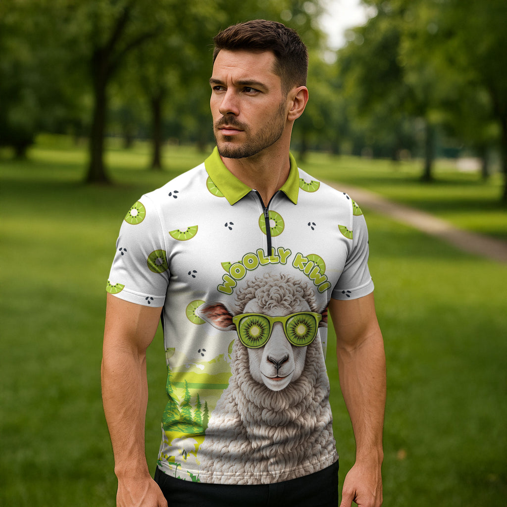 New Zealand Funny Woolly Kiwi Sheep Zipper Polo Shirt