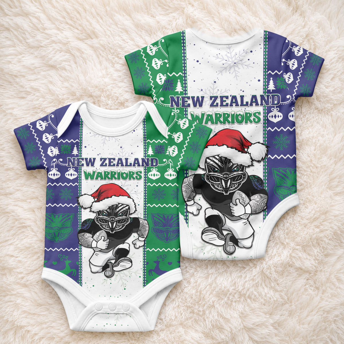 New Zealand Warriors Rugby Christmas Baby Onesie Santa Maori Mascot