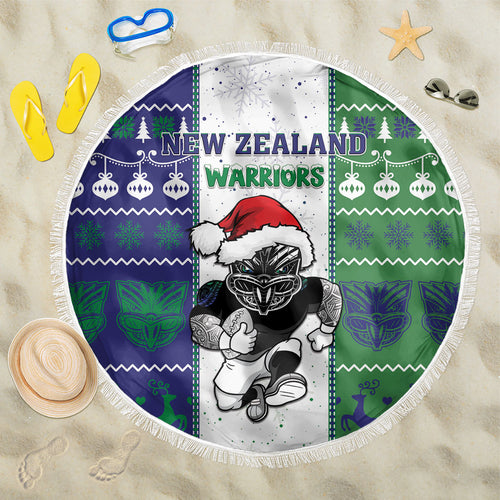New Zealand Warriors Rugby Christmas Beach Blanket Santa Maori Mascot