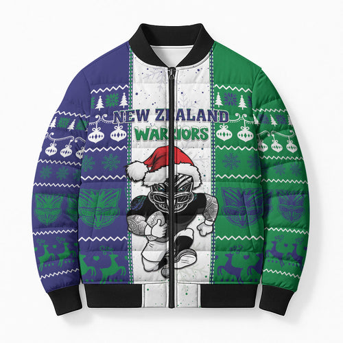 New Zealand Warriors Rugby Christmas Bomber Puffer Jacket Santa Maori Mascot