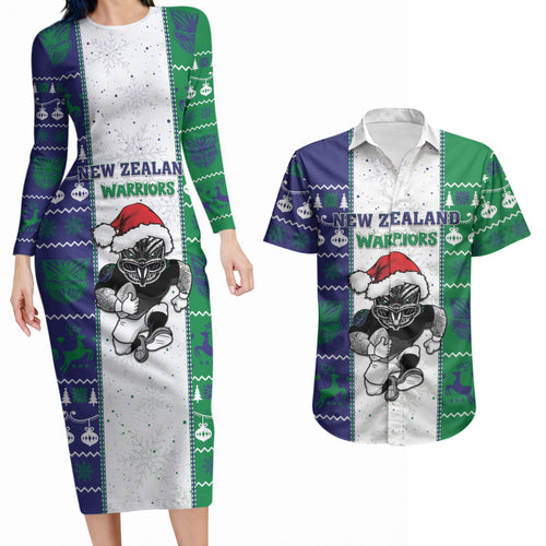 New Zealand Warriors Rugby Christmas Couples Matching Long Sleeve Bodycon Dress and Hawaiian Shirt Santa Maori Mascot