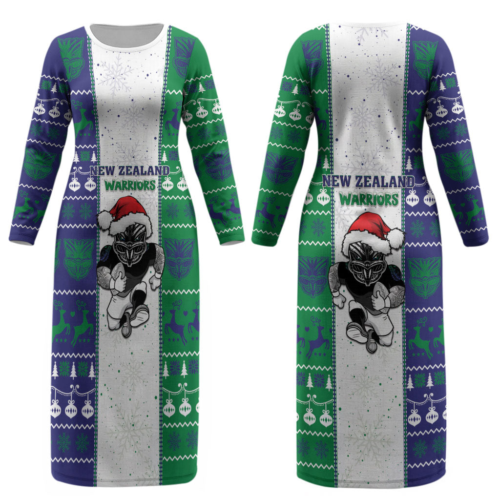 New Zealand Warriors Rugby Christmas Couples Matching Long Sleeve Bodycon Dress and Hawaiian Shirt Santa Maori Mascot