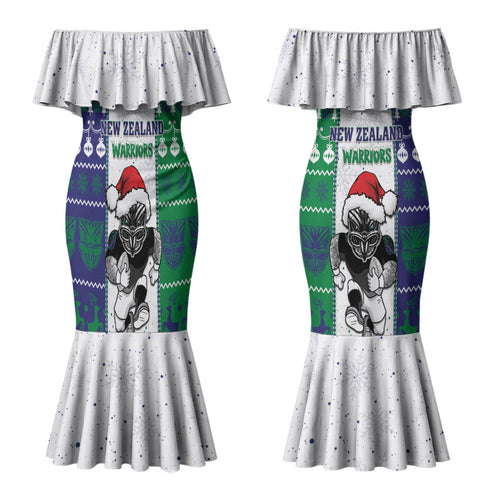 New Zealand Warriors Rugby Christmas Couples Matching Mermaid Dress and Hawaiian Shirt Santa Maori Mascot