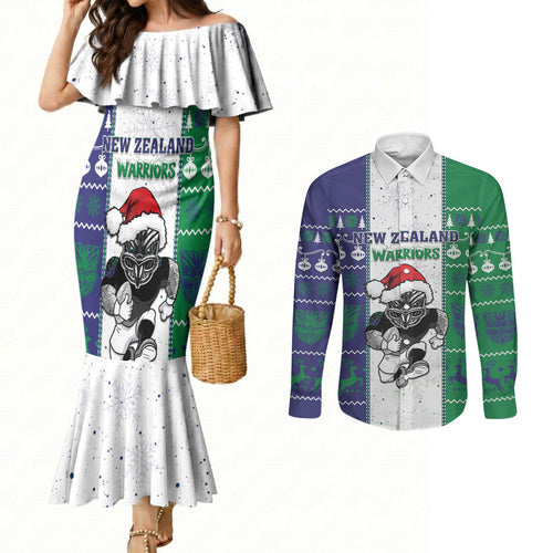 New Zealand Warriors Rugby Christmas Couples Matching Mermaid Dress and Long Sleeve Button Shirt Santa Maori Mascot