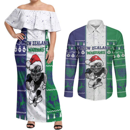 New Zealand Warriors Rugby Christmas Couples Matching Off Shoulder Maxi Dress and Long Sleeve Button Shirt Santa Maori Mascot