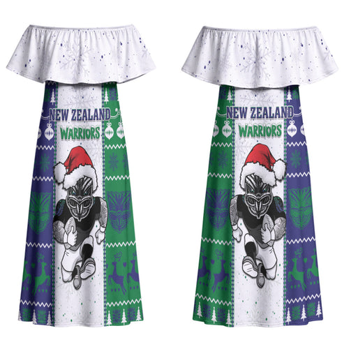 New Zealand Warriors Rugby Christmas Couples Matching Off Shoulder Maxi Dress and Long Sleeve Button Shirt Santa Maori Mascot