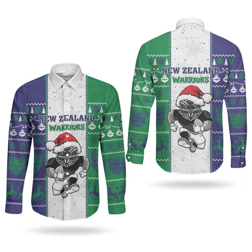 New Zealand Warriors Rugby Christmas Couples Matching Off Shoulder Short Dress and Long Sleeve Button Shirt Santa Maori Mascot