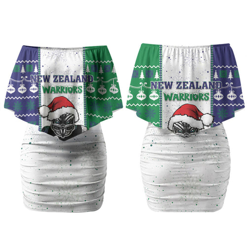New Zealand Warriors Rugby Christmas Couples Matching Off Shoulder Short Dress and Long Sleeve Button Shirt Santa Maori Mascot