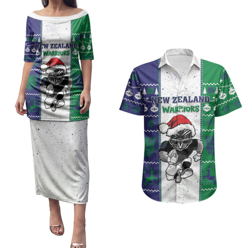 New Zealand Warriors Rugby Christmas Couples Matching Puletasi and Hawaiian Shirt Santa Maori Mascot