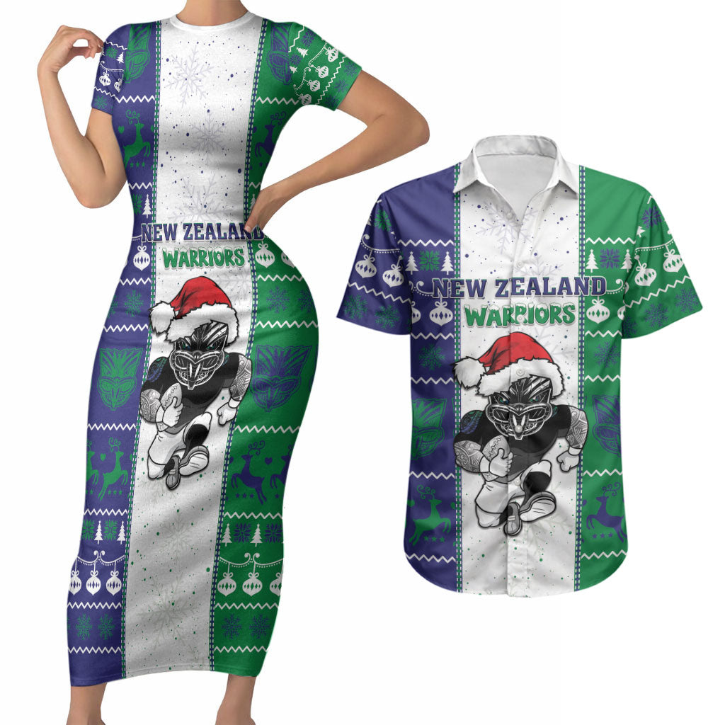 New Zealand Warriors Rugby Christmas Couples Matching Short Sleeve Bodycon Dress and Hawaiian Shirt Santa Maori Mascot