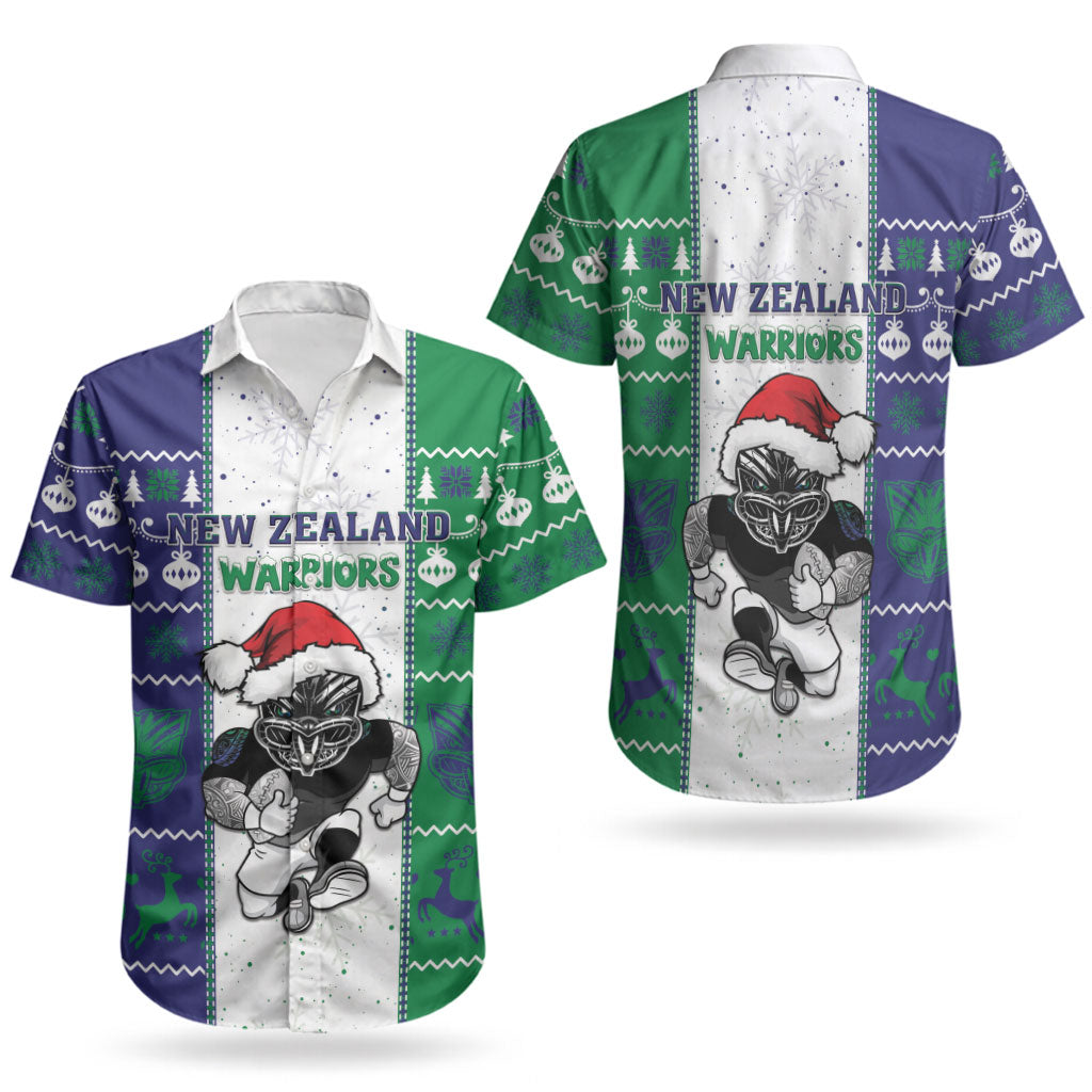 New Zealand Warriors Rugby Christmas Couples Matching Short Sleeve Bodycon Dress and Hawaiian Shirt Santa Maori Mascot