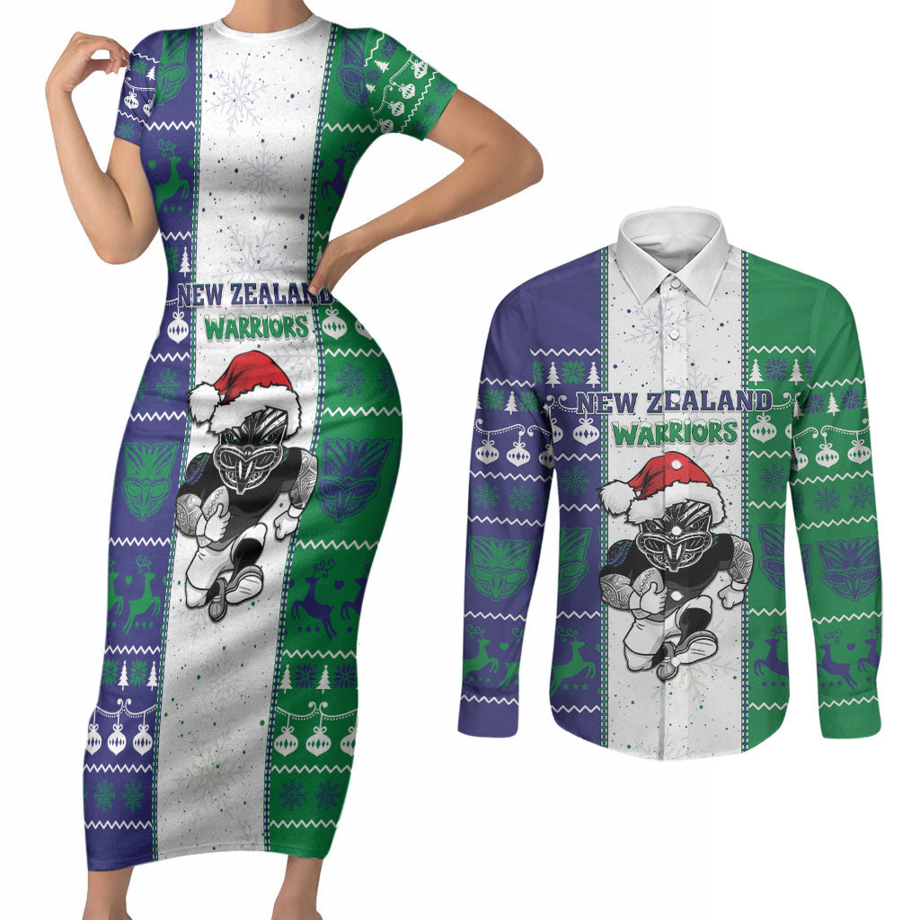 New Zealand Warriors Rugby Christmas Couples Matching Short Sleeve Bodycon Dress and Long Sleeve Button Shirt Santa Maori Mascot