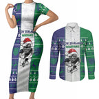 New Zealand Warriors Rugby Christmas Couples Matching Short Sleeve Bodycon Dress and Long Sleeve Button Shirt Santa Maori Mascot
