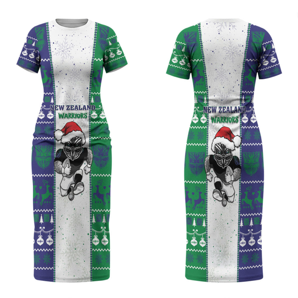New Zealand Warriors Rugby Christmas Couples Matching Short Sleeve Bodycon Dress and Long Sleeve Button Shirt Santa Maori Mascot