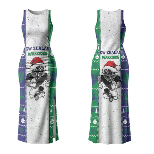 New Zealand Warriors Rugby Christmas Couples Matching Tank Maxi Dress and Long Sleeve Button Shirt Santa Maori Mascot