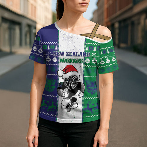New Zealand Warriors Rugby Christmas Cross Shoulder Shirt Santa Maori Mascot