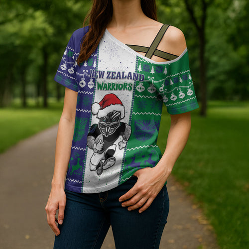 New Zealand Warriors Rugby Christmas Cross Shoulder Shirt Santa Maori Mascot