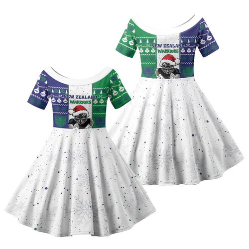New Zealand Warriors Rugby Christmas Family Matching Off The Shoulder Long Sleeve Dress and Hawaiian Shirt Santa Maori Mascot