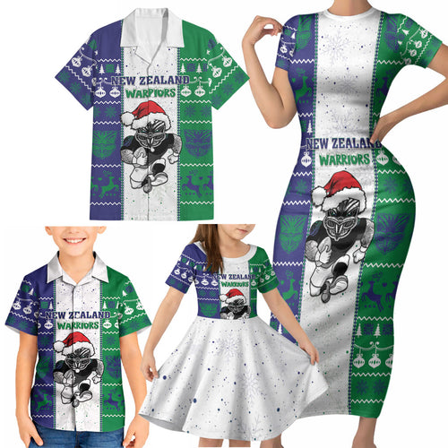 New Zealand Warriors Rugby Christmas Family Matching Short Sleeve Bodycon Dress and Hawaiian Shirt Santa Maori Mascot