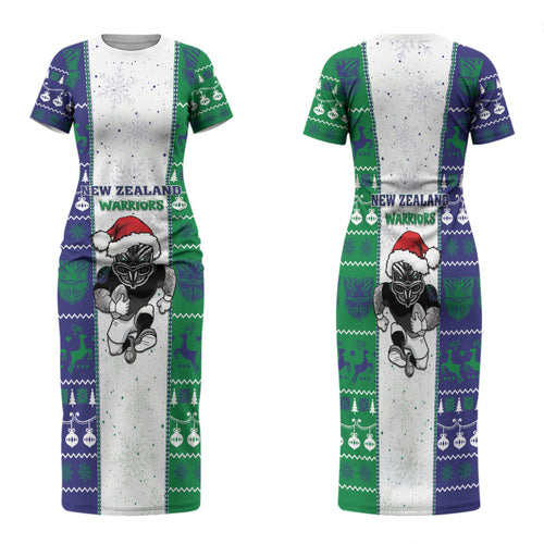 New Zealand Warriors Rugby Christmas Family Matching Short Sleeve Bodycon Dress and Hawaiian Shirt Santa Maori Mascot