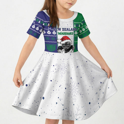 New Zealand Warriors Rugby Christmas Kid Short Sleeve Dress Santa Maori Mascot