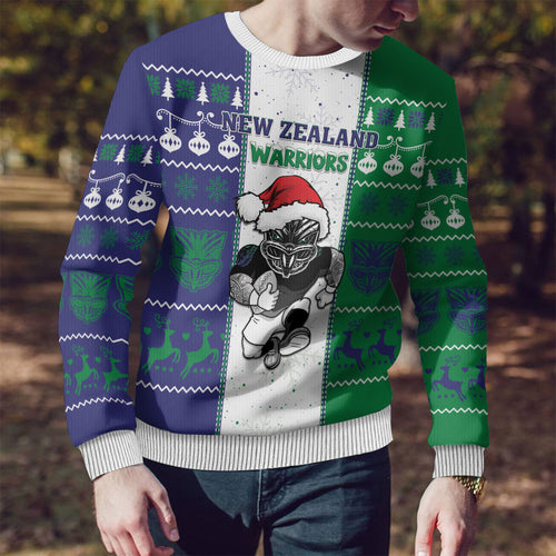 New Zealand Warriors Rugby Christmas Ugly Christmas Sweater Santa Maori Mascot
