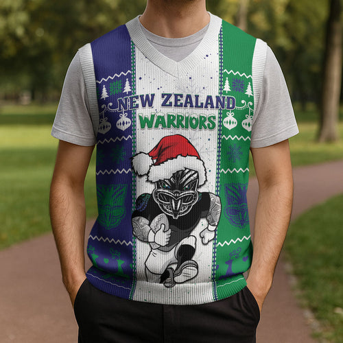 New Zealand Warriors Rugby Christmas Knitted V-Neck Vest Santa Maori Mascot