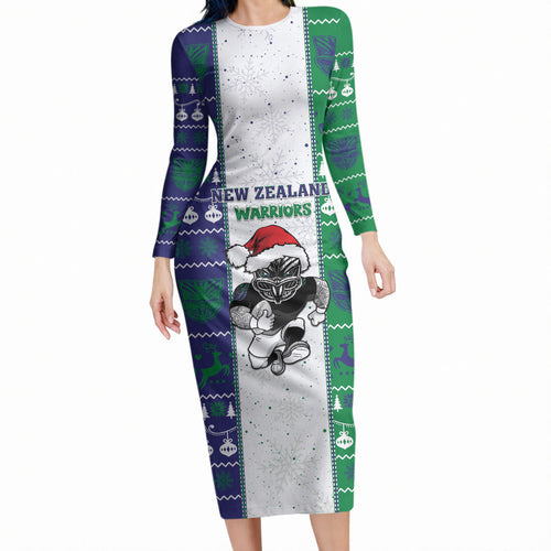 New Zealand Warriors Rugby Christmas Long Sleeve Bodycon Dress Santa Maori Mascot