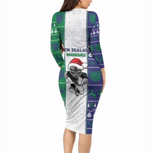 New Zealand Warriors Rugby Christmas Long Sleeve Bodycon Dress Santa Maori Mascot