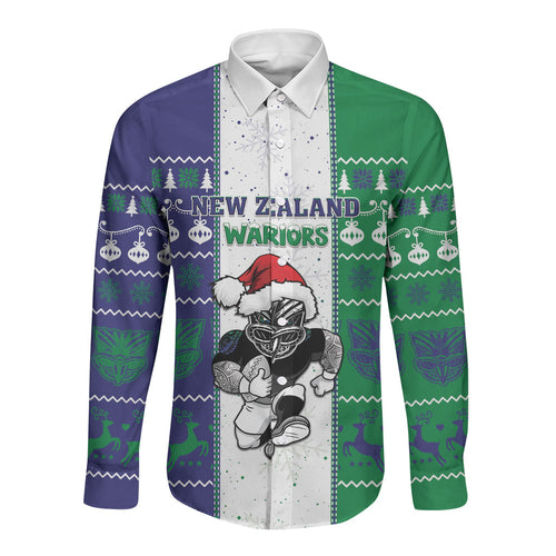 New Zealand Warriors Rugby Christmas Long Sleeve Button Shirt Santa Maori Mascot