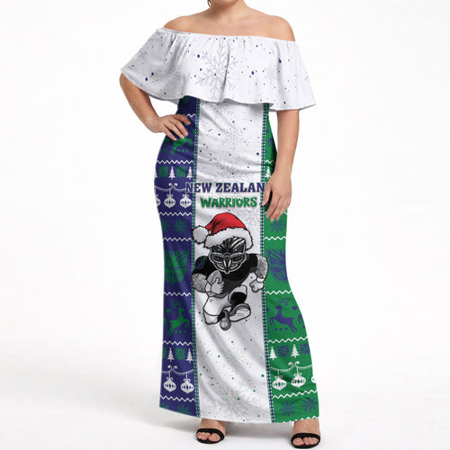 New Zealand Warriors Rugby Christmas Off Shoulder Maxi Dress Santa Maori Mascot
