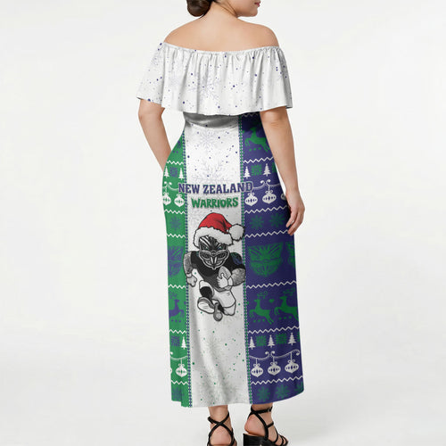 New Zealand Warriors Rugby Christmas Off Shoulder Maxi Dress Santa Maori Mascot