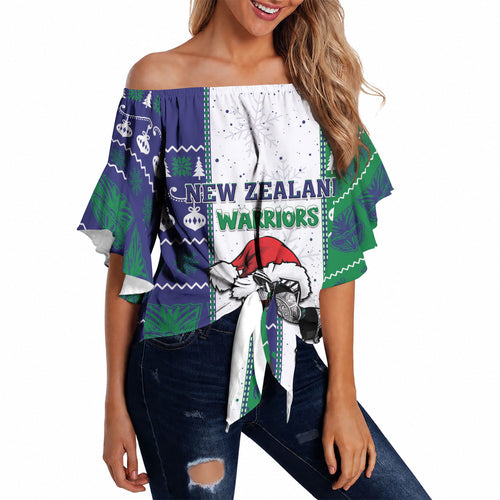 New Zealand Warriors Rugby Christmas Off Shoulder Wrap Waist Top Santa Maori Mascot